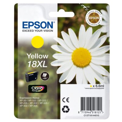 Epson Daisy 18XL Claria Home Ink, High Yield Ink Cartridge, Yellow Single Pack, C13T18144010 Epson Daisy 18XL Claria Home Ink, High Yield Ink Cartridge, Yellow Single Pack, C13T18144010